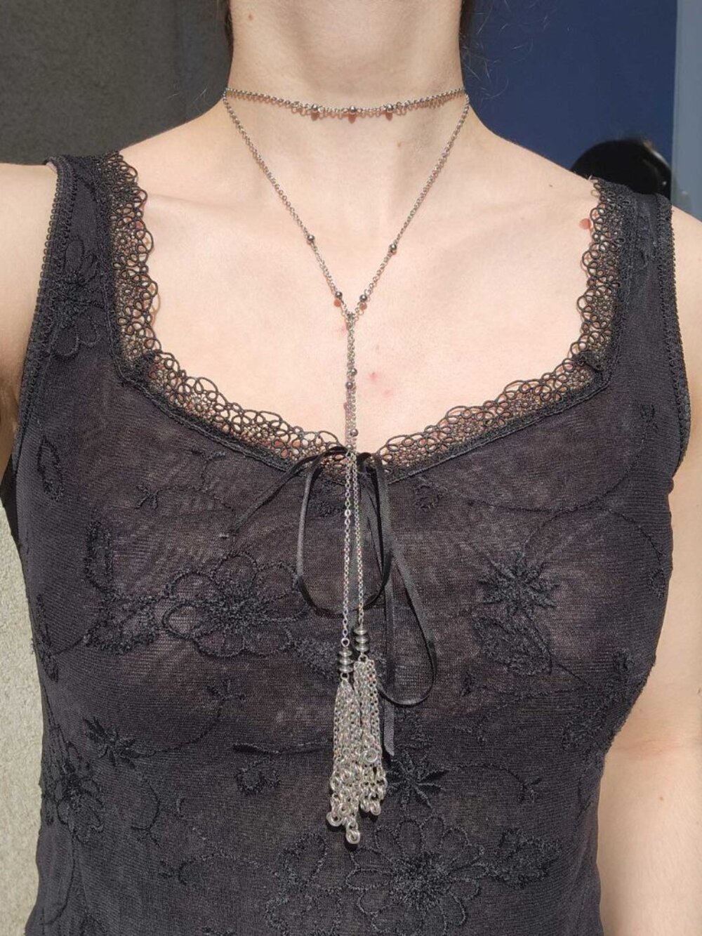 Vintage 1930s style silver flapper necklace with tassels
